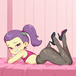 Size: 1024x1024 | Tagged: questionable, ai content, ai generated, child, clothes, equestria girls, female, high heels, imported from twibooru, lily pad (equestria girls), lily pad (g4), lolicon, pantyhose, pulling, shoes, solo, solo female, stocking meme, stupid sexy lily pad, underage, underwear, young, younger
