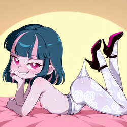 Size: 1024x1024 | Tagged: questionable, ai content, ai generated, child, clothes, equestria girls, female, imported from twibooru, lolicon, pantyhose, pulling, solo, solo female, stocking meme, underage, underwear, wind sprint, young, younger