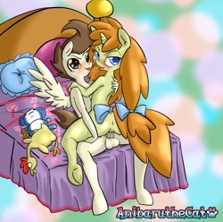 Size: 2880x2856 | Tagged: explicit, artist:anibaruthecat, anthro, balls, bed, bedroom eyes, cakecest, cowgirl position, drool, drool string, female, foalcon, g4, hoof feet, imported from derpibooru, incest, looking at you, looking back, male, nudity, older, open mouth, pound cake, pumpkin cake, rubber chicken, sex, ship:caketwincest, sitting, smiling, spread wings, straight, tail bow, tongue out, twincest, twins, underage, underhoof, unguligrade anthro, vaginal secretions, wings