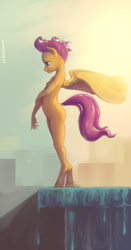 Size: 1553x2953 | Tagged: questionable, artist:stratodraw, scootaloo, anthro, banned from derpibooru, breasts, delicious flat chest, female, imported from twibooru, lolicon, nipples, nudity, solo, spread wings, underage, unguligrade anthro, wings