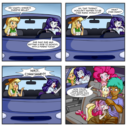 Size: 3500x3500 | Tagged: explicit, artist:anibaruthecat, applejack, fluttershy, pinkie pie, rarity, sweetie belle, oc, oc:cyan sand, balls, blowjob, blushing, canon x oc, car, clothes, comic, crying, driving, equestria girls, eyes closed, female, imported from twibooru, kneeling, lolicon, looking at someone, nudity, open mouth, oral, panties, panty shot, penis, road head, screaming, sex, sitting, smiling, underage, underwear