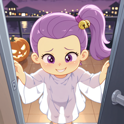 Size: 1024x1024 | Tagged: safe, ai content, ai generated, child, clothes, costume, equestria girls, female, ghost, halloween, holiday, imported from twibooru, lily pad (equestria girls), lolicon, see-through, solo, solo female, spooky, trick or treat, undead, underage, underwear, young
