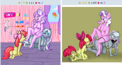 Size: 456x243 | Tagged: explicit, artist:mt, artist:susiebeeca, apple bloom, diamond tiara, scootaloo, silver spoon, anthro, ballgag, bdsm, belly button, bloomsub, bondage, breasts, collar, cutiemarking, derpibooru, dominatiara, dominatrix, earth pony, fake cutie mark, feet, female, femdom, fetish, foalcon, foot fetish, forniphilia, g4, gag, hoof fetish, hoof licking, hoof worship, hooves, horseshoes, humiliation, imported from derpibooru, juxtaposition, leash, lesbian, living object, meta, nipples, nudity, older, older apple bloom, older diamond tiara, older silver spoon, pet play, plantigrade anthro, ship:diamondbloom, shipping, silverdiamondbloom, silversub, sitting on person, underhoof, unguligrade anthro, vulgar