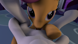 Size: 1920x1080 | Tagged: explicit, artist:fruitymilk, scootaloo, sweetie belle, 3d, cunnilingus, female, female pov, foalcon, g4, imported from derpibooru, lesbian, licking, looking at you, nudity, offscreen character, on back, oral, pov, ship:scootabelle, source filmmaker