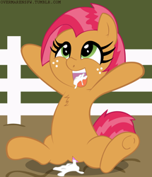 Size: 1024x1188 | Tagged: explicit, artist:overmare, artist:warumono1989, babs seed, aftersex, chest fluff, creampie, cum, cute, cute porn, earth pony, edit, female, filly, foal, foalcon, g4, implied straight, imported from derpibooru, nudity, oral, pony, solo, solo female, underhoof, vaginal secretions, vulva