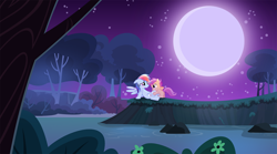 Size: 1440x800 | Tagged: explicit, artist:badumsquish-edits, rainbow dash, scootaloo, blowjob, creampie, cum, cum in mouth, cumming, eye contact, female, filly, floppy ears, foal, foalcon, futa, futa rainbow dash, g4, imported from derpibooru, intersex, moon, night, nudity, on back, oral, oral creampie, outdoor sex, outdoors, penis, ship:scootadash, shipping, show accurate, show accurate porn, source needed, spread wings, water, wings