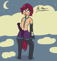 Size: 2000x2141 | Tagged: explicit, artist:lazerblues, oc, oc:strawberry soda, banned from derpibooru, crossdressing, erection, horn, horsecock, hybrid, imported from twibooru, male, necktie, nudity, oc only, penis, satyr, shotacon, solo, solo male, underage, vocaloid