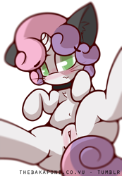 Size: 600x866 | Tagged: explicit, artist:bakaponi, sweetie belle, blushing, cat, cute, cute porn, diasweetes, female, foalcon, g4, genitals, imported from derpibooru, meow, nudity, pony, solo, solo female, unicorn, vulva, vulva blush