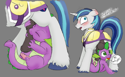 Size: 1525x948 | Tagged: explicit, artist:muh-arts, artist:quartz-poker, shining armor, spike, armor, balls, blatant lies, blowjob, caught, color edit, colored, cute, cute porn, dialogue, dragon, edit, eyes closed, fangs, foalcon, g4, gay, genitals, horsecock, imported from derpibooru, infidelity, infidelity armor, interspecies, it's not what it looks like, looking back, male, nudity, open mouth, oral, penis, penis hat, scared, ship:spikemor, shivering, sitting, smiling, standing, sucking, tail wrap, taint, unshorn fetlocks, wide eyes, wingless spike