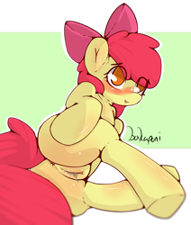 Size: 688x813 | Tagged: explicit, artist:bakaponi, apple bloom, anus, apple bloom's bow, bloom butt, blushing, bow, butt, earth pony, female, filly, foal, foalcon, g4, hair bow, imported from derpibooru, looking at you, nudity, plot, pony, simple background, solo, solo female, vaginal secretions, vulva