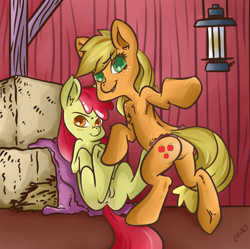 Size: 804x800 | Tagged: explicit, artist:ernisquernis, apple bloom, applejack, anus, clothes, female, foalcon, g4, hay, hay bale, imported from derpibooru, legs in air, lip bite, looking at you, looking back, nudity, panties, pointing, sitting, smiling, underhoof, underwear, vulva