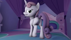 Size: 1280x720 | Tagged: explicit, artist:fruitymilk, sweetie belle, 3d, anus, female, foalcon, g4, grin, imported from derpibooru, looking at you, looking back, nudity, smiling, solo, solo female, source filmmaker, standing, vulva, whistling