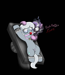 Size: 1280x1475 | Tagged: explicit, semi-grimdark, artist:alazak, diamond tiara, silver spoon, anatomically incorrect, ballgag, bdsm, bondage, duo, duo female, earth pony, female, foalcon, frontgina, g4, gag, genitals, imported from derpibooru, nudity, pony, simple background, vulva