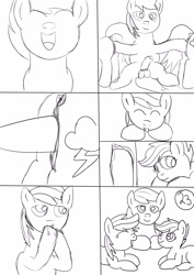 Size: 2480x3508 | Tagged: explicit, artist:jbond, rainbow dash, scootaloo, comic:applebuck, anus, big macintosh, comic, earth pony, eyes closed, female, filly, foal, foalcon, g4, happy, hoofing, imported from derpibooru, lying down, male, mare, monochrome, nudity, open mouth, part of a set, pegasus, penetration, penis, pony, prone, scootamacdash, sex, ship:rainbowmac, ship:scootamac, shipping, stallion, stallion on mare, straight, vaginal, vaginal hoofing, vulva