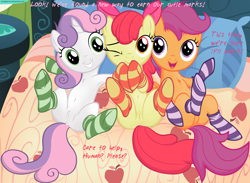 Size: 2860x2091 | Tagged: explicit, artist:illuminatiums, apple bloom, scootaloo, sweetie belle, adorabloom, anus, armpits, bed, belly button, bow, bronybait, clothes, cute, cute porn, cutealoo, cutie mark crusaders, dialogue, diasweetes, earth pony, edit, female, filly, foal, foalcon, g4, genitals, hair bow, imported from derpibooru, legwear, nudity, on back, one eye closed, open mouth, pegasus, pony, show accurate, show accurate porn, smiling, socks, striped socks, thigh highs, unicorn, vulva