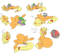 Size: 2247x2037 | Tagged: explicit, artist:dragga, applejack, spike, anal vore, anus, butt, comic, dialogue, dragon, earth pony, fart, fart noise, female, fetish, foalcon, g4, imported from derpibooru, internal, male, masturbating in stomach, masturbation, nudity, penis, plot, pony, poop, predajack, scat, ship:applespike, shipping, sleeping, spikeprey, straight, tail sticking out, vore
