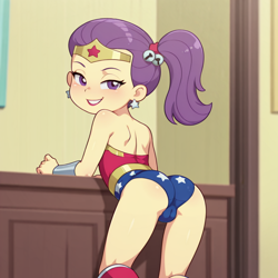 Size: 1024x1024 | Tagged: suggestive, ai content, cameltoe, child, clothes, costume, equestria girls, female, imported from twibooru, lily pad (equestria girls), lilybutt, lolicon, solo, solo female, superhero, underage, wonder woman, young