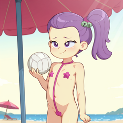 Size: 1024x1024 | Tagged: suggestive, ai content, beach, bikini, child, clothes, equestria girls, female, imported from twibooru, lily pad (equestria girls), lolicon, micro bikini, pasties, solo, solo female, swimsuit, underage, young