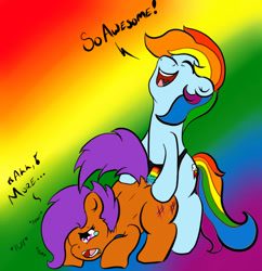 Size: 670x692 | Tagged: explicit, artist:alazak, rainbow dash, scootaloo, dock, duo, female, foalcon, g4, heyyeyaaeyaaaeyaeyaa, imported from derpibooru, lesbian, mare on filly, moaning, moaning in pleasure, pegasus, pony, rainbow background, sex toy, ship:scootadash, shipping, strapon, teary eyes, whip marks