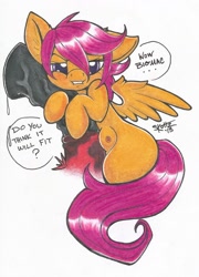 Size: 1280x1779 | Tagged: explicit, artist:skuttz, scootaloo, big macintosh, crotchboobs, dialogue, earth pony, foalcon, g4, hug, imported from derpibooru, insertion, male, nipples, nudity, penis, penis hug, pony, precum, ship:scootamac, shipping, size difference, stallion, straight, teasing, traditional art