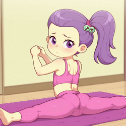 Size: 1024x1024 | Tagged: suggestive, ai content, child, clothes, equestria girls, female, flexible, imported from twibooru, lily pad (equestria girls), lilybutt, lolicon, pants, solo, solo female, streching, underage, yoga pants, young