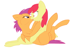Size: 956x659 | Tagged: explicit, artist:hellticket, apple bloom, scootaloo, anus, bedroom eyes, butt, eye contact, female, foalcon, french kiss, g4, hug, imported from derpibooru, kissing, lesbian, nudity, on back, pegasus, plot, pony, ship:scootabloom, sitting, surprise kiss, surprised, tongue out, vulva, wide eyes