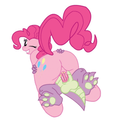 Size: 750x750 | Tagged: explicit, artist:maf, pinkie pie, spike, animated, anus, baby dragon on mare, back, balloonbutt, balls, butt, cowboy hat, dragon, earth pony, edit, female, foalcon, g4, gif, hat, imported from derpibooru, interspecies, knot, looking at you, looking back, looking back at you, male, mare, nudity, one eye closed, paw pads, penetration, penis, plot, pony, semi-anthro, sex, ship:pinkiespike, shipping, simple background, smiling, straight, vaginal, vulva, white background, wink