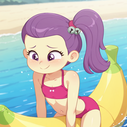 Size: 1024x1024 | Tagged: safe, ai content, banana, child, clothes, equestria girls, female, food, imported from twibooru, lily pad (equestria girls), lolicon, solo, solo female, swimsuit, underage, young
