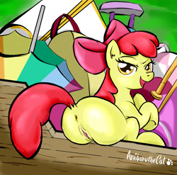 Size: 2023x2000 | Tagged: explicit, artist:anibaruthecat, apple bloom, anus, bedroom eyes, bloom butt, butt, dock, earth pony, female, filly, foal, foalcon, g4, human anus on pony, imported from derpibooru, looking at you, looking back, my little pony: friendship is magic, nudity, pinkie apple pie, plot, plot rest, pony, presenting, raised tail, scene interpretation, sitting, smiling, solo, solo female, vaginal secretions, vulva