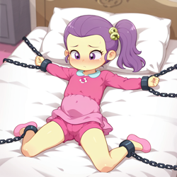 Size: 1024x1024 | Tagged: questionable, ai content, bed, bondage, chain, child, clothes, equestria girls, female, imported from twibooru, lily pad (equestria girls), lilysub, lolicon, solo, solo female, underage, young