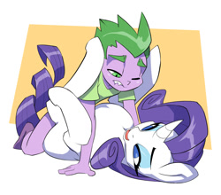 Size: 874x768 | Tagged: explicit, artist:bigdad, rarity, spike, banned from derpibooru, bedroom eyes, female, hug, human, human on pony action, human spike, humanized, imported from twibooru, interspecies, makeup, male, one eye closed, pony, puffed chest, sex, shipping, shotacon, sparity, straight, underage, unicorn