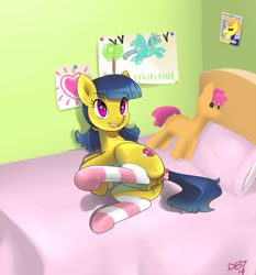 Size: 1050x1128 | Tagged: explicit, artist:devo87, oc, oc:strawberry cream, anatomically correct, anus, bed, bedroom, blushing, butt, clothes, cute, cute porn, female, filly, foal, foalcon, happy, imported from derpibooru, nudity, oc only, on side, pigtails, plot, ponut, pony, presenting, smiling, socks, solo, solo female, striped socks, tail wrap, vaginal secretions, vulva