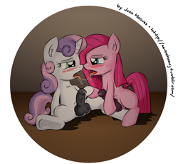 Size: 1772x1634 | Tagged: explicit, artist:jcosneverexisted, pinkie pie, sweetie belle, after kiss, balls, blushing, drool, drool string, earth pony, eye contact, female, filly, foal, foalcon, futa, futa on futa, futa pinkie pie, futa sweetie belle, g4, imported from derpibooru, intersex, kissing, lidded eyes, looking at each other, looking at someone, nudity, penis, pinkamena diane pie, pony, precum, ship:sweetiepie, shipping, sloppy kissing, tongue out, unicorn, younger
