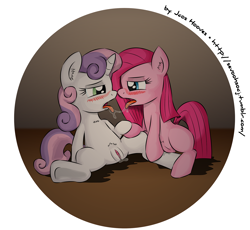 Size: 1772x1633 | Tagged: explicit, artist:jcosneverexisted, pinkie pie, sweetie belle, after kiss, drool, drool string, duo, earth pony, eye contact, female, filly, foal, foalcon, g4, imported from derpibooru, kissing, lesbian, looking at each other, looking at someone, nudity, pinkamena diane pie, pony, ship:sweetiepie, shipping, sloppy kissing, unicorn, younger