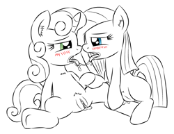 Size: 790x609 | Tagged: explicit, artist:jcosneverexisted, pinkie pie, sweetie belle, black and white, drool, drool string, earth pony, female, filly, foal, foalcon, french kiss, g4, grayscale, imported from derpibooru, kissing, lesbian, monochrome, nudity, partial color, pony, ship:sweetiepie, shipping, simple background, sketch, sloppy kissing, unicorn