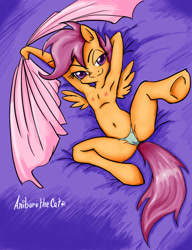 Size: 1700x2215 | Tagged: explicit, artist:anibaruthecat, scootaloo, anibaruthecat bed, anthro, armpits, banned from derpibooru, bed, belly button, breasts, clothes, delicious flat chest, female, foalcon, g4, imported from derpibooru, imported from twibooru, lolicon, nipples, nudity, on back, panties, scootaflat, solo, solo female, thong, underage, underwear, undressing, unguligrade anthro, vaginal secretion stain, vaginal secretions, wet