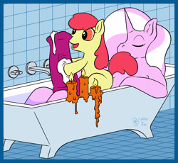 Size: 1250x1150 | Tagged: explicit, artist:sengrisane, apple bloom, oc, oc:lamia, anthro, anthro on pony action, bath, bathing, big penis, breasts, candle, canon x oc, cleaning, cum, foalcon, futa, futa oc, g4, hyper, hyper penis, imported from derpibooru, impossibly large penis, intersex, nudity, penis, precum, washing