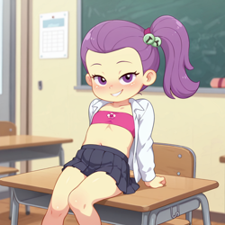 Size: 1024x1024 | Tagged: suggestive, ai content, child, classroom, clothes, equestria girls, female, imported from twibooru, lily pad (equestria girls), lolicon, school uniform, schoolgirl, solo, solo female, tanktop, training bra, underage, young