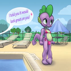 Size: 2048x2048 | Tagged: questionable, artist:parumpi, spike, belly button, bikini, clothes, crossdressing, crotch bulge, dragon, embarrassed, femboy, girly, implied twilight sparkle, imported from twibooru, looking away, male, midriff, panties, shotacon, solo, solo male, swimming pool, swimsuit, thong, underage, underwear