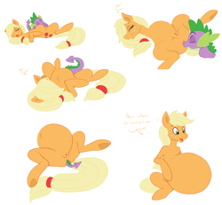 Size: 2013x1857 | Tagged: explicit, artist:dragga, artist:nightmarebros, applejack, spike, anal vore, anus, belly, butt, comic, dialogue, dragon, earth pony, female, fetish, foalcon, freckles, g4, hairband, imported from derpibooru, male, mare, nudity, plot, pony, predajack, ship:applespike, shipping, straight, tail, tail band, tail sticking out, vore, vulva