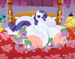Size: 3487x2737 | Tagged: questionable, artist:anjuneko, artist:badgerben, rarity, spike, age difference, anthro, bed, bedroom, big breasts, breast vore, breasts, busty rarity, carousel boutique, dragon, embarrassed, female, fetish, foalcon, g4, high res, horn, huge breasts, hyper breasts, imported from derpibooru, impossibly large breasts, male, multeity, nipples, nudity, pony, raripred, rarity gets all the spikes, ship:sparity, shipping, spikelove, spikeprey, straight, unguligrade anthro, unicorn, vore