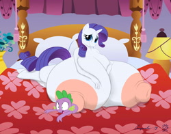 Size: 3487x2737 | Tagged: explicit, artist:anjuneko, artist:badgerben, rarity, spike, anthro, bed, bedroom, big breasts, breast vore, breasts, busty rarity, carousel boutique, dragon, female, foalcon, g4, high res, huge breasts, hyper breasts, imported from derpibooru, impossibly large breasts, male, nipple penetration, nipple sex, nipples, nudity, ship:sparity, shipping, spikeprey, straight, unguligrade anthro