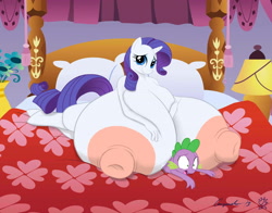 Size: 3487x2737 | Tagged: questionable, artist:anjuneko, artist:badgerben, rarity, spike, anthro, bed, bedroom, big breasts, breasts, busty rarity, carousel boutique, dragon, female, foalcon, g4, high res, huge breasts, hyper breasts, imported from derpibooru, impossibly large breasts, male, nipples, nudity, ship:sparity, shipping, straight, unguligrade anthro