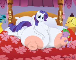 Size: 3487x2737 | Tagged: explicit, artist:anjuneko, artist:badgerben, rarity, spike, anthro, bed, bedroom, big breasts, breasts, busty rarity, carousel boutique, dragon, embarrassed, female, foalcon, g4, high res, huge breasts, hyper breasts, imported from derpibooru, impossibly large breasts, male, nipples, nudity, ship:sparity, shipping, straight, unguligrade anthro