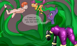 Size: 1700x1024 | Tagged: explicit, grimdark, artist:ulaaviz, scootaloo, anal, banned from derpibooru, bondage, danny williams, dialogue, female, filly, foalcon, g1, g4, human, imported from twibooru, latex, latex suit, male, mane-iac, my little pony, pegasus, penetration, pony, rape, sex, shotacon, supervillain, taunting, tentacles, underage