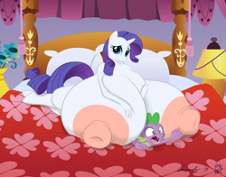 Size: 3487x2737 | Tagged: questionable, artist:anjuneko, artist:badgerben, rarity, spike, anthro, bed, bedroom, big breasts, breasts, busty rarity, carousel boutique, dragon, embarrassed, female, foalcon, g4, high res, huge breasts, hyper breasts, imported from derpibooru, impossibly large breasts, male, needs more jpeg, nipples, nudity, ship:sparity, shipping, straight, unguligrade anthro