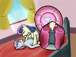 Size: 840x630 | Tagged: explicit, artist:swordkirby, an egg being attacked by sperm, blushing, bon bon, cervical penetration, colt, cowgirl position, creampie, crepuscular rays, cum, cumming, curtains, earth pony, eye contact, female, foal, foalcon, g4, horn, horsecock, human vulva, human vulva on pony, imported from derpibooru, impregnation, incest, indoors, looking at each other, looking at someone, male, mare, nudity, on back, penis, pony, rule 63, ship:tootsiebon, signature, smiling, smiling at each other, straight, sweetie drops, tootsie flute, unicorn, vagina, vaginal, vulva, window, x-ray