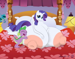 Size: 3487x2737 | Tagged: explicit, artist:anjuneko, artist:badgerben, rarity, spike, anthro, bed, bedroom, big breasts, breasts, busty rarity, carousel boutique, dragon, embarrassed, female, foalcon, g4, high res, huge breasts, hyper breasts, imported from derpibooru, impossibly large breasts, male, nipples, nudity, ship:sparity, shipping, straight, unguligrade anthro