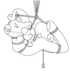 Size: 802x816 | Tagged: questionable, artist:ryuseihikari, sweetie belle, anthro, ass, bit gag, bondage, breasts, butt, female, foal abuse, foalcon, g4, gag, imported from derpibooru, insertion, lineart, monochrome, nudity, pain, rope, sex toy, simple background, solo, solo female, suspended, sweetiebuse, vaginal insertion, vector, vibrator, white background