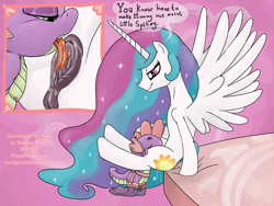 Size: 1500x1128 | Tagged: explicit, artist:smudge proof, princess celestia, spike, age difference, alicorn, anus, clothes, commission, crossdressing, cunnilingus, dragon, duo, duo male and female, female, foalcon, g4, garter belt, hemipenis, imported from derpibooru, incest play, legwear, male, nipples, nudity, oral, penis, pink, pony, sassy, ship:spikelestia, small penis, socks, stockings, straight, thigh highs, vagina, wingless spike
